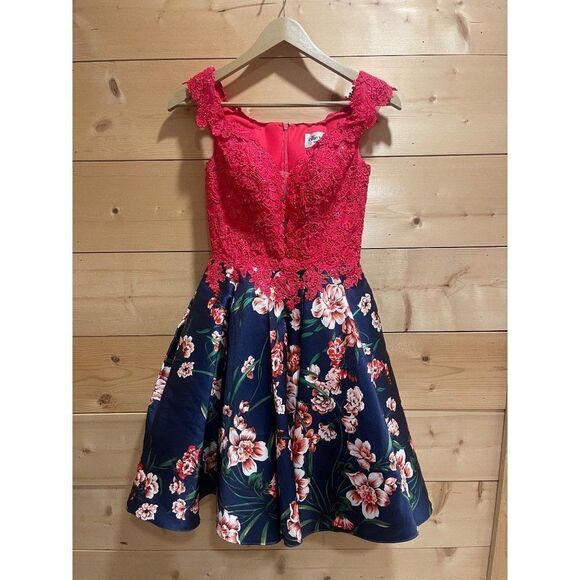 Ellie Wilde Mon Cherie Mikado Floral Beaded Pink Peekaboo Homecoming Mini Dress - Picture 1 of 11